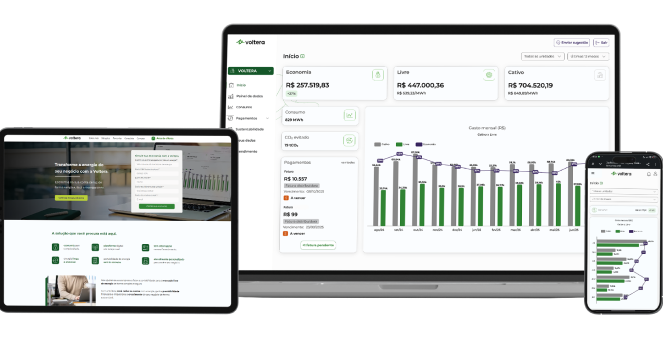 Plataforma da Voltera em tablet, notebook e celular.