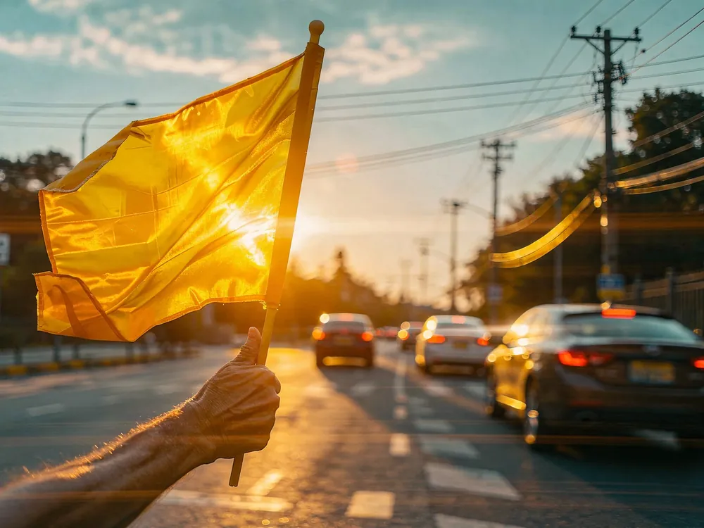 Pessoa segurando uma bandeira amarela em uma avenida com carros.